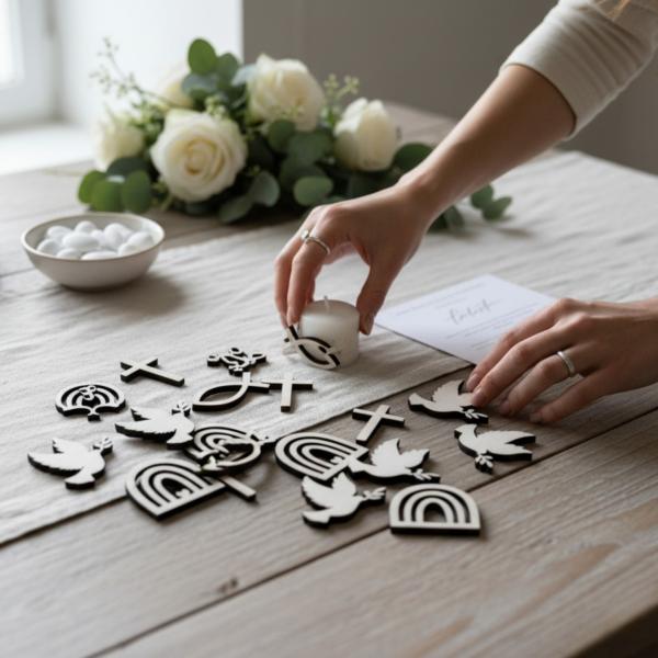 25‑teiliges Holz‑Streudeko‑Set für Taufe, Kommunion, Konfirmation und Firmung.